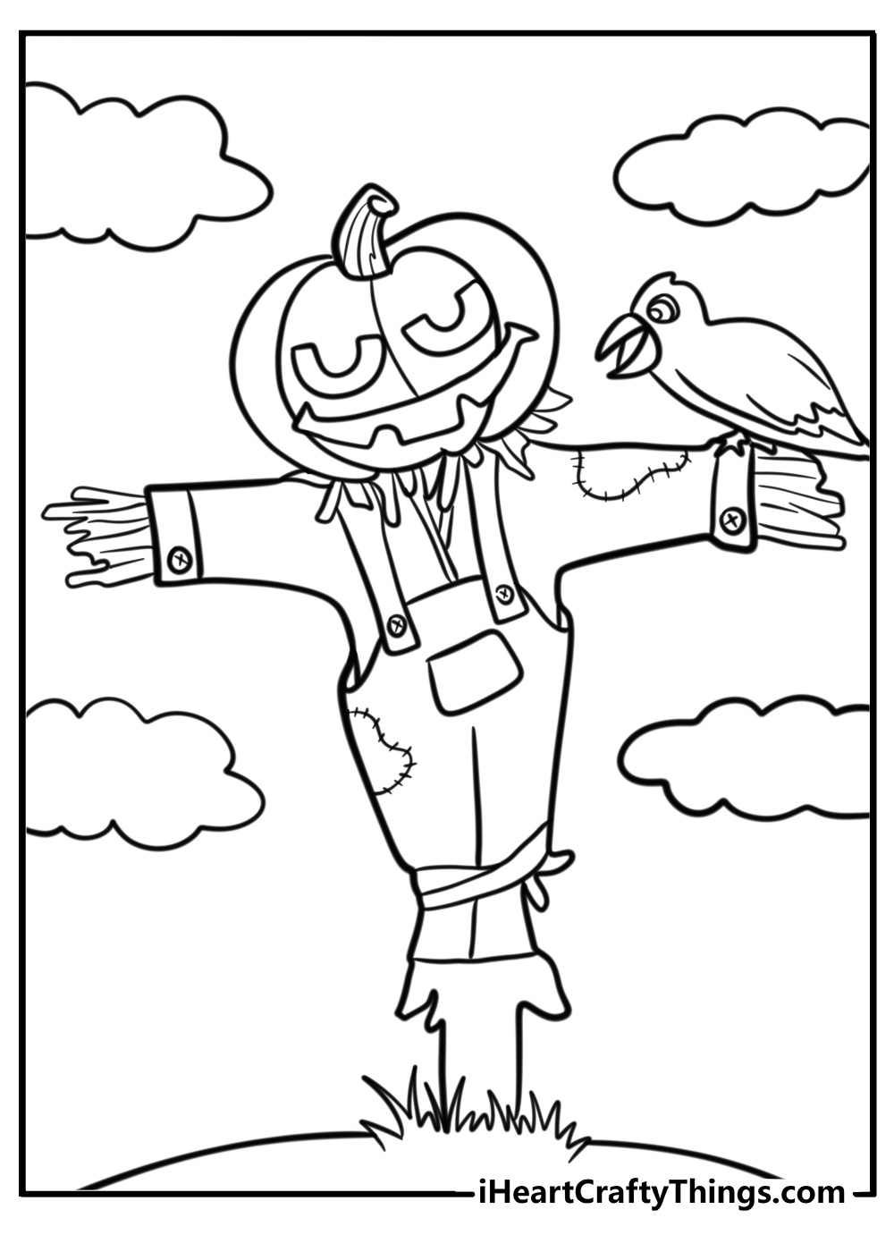 Scarecrow with a pumpkin head free coloring page pdf