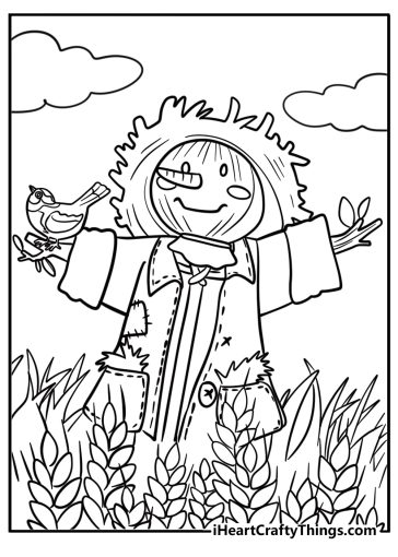 Scarecrow with a straw hat detailed coloring sheet