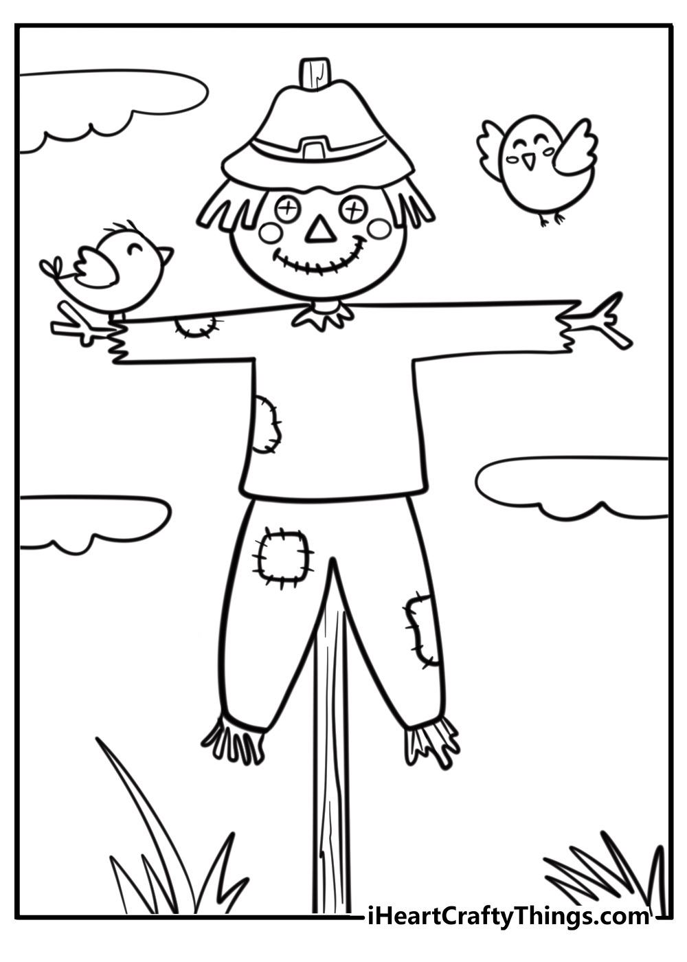 Scarecrow with birds flying around free coloring page paf