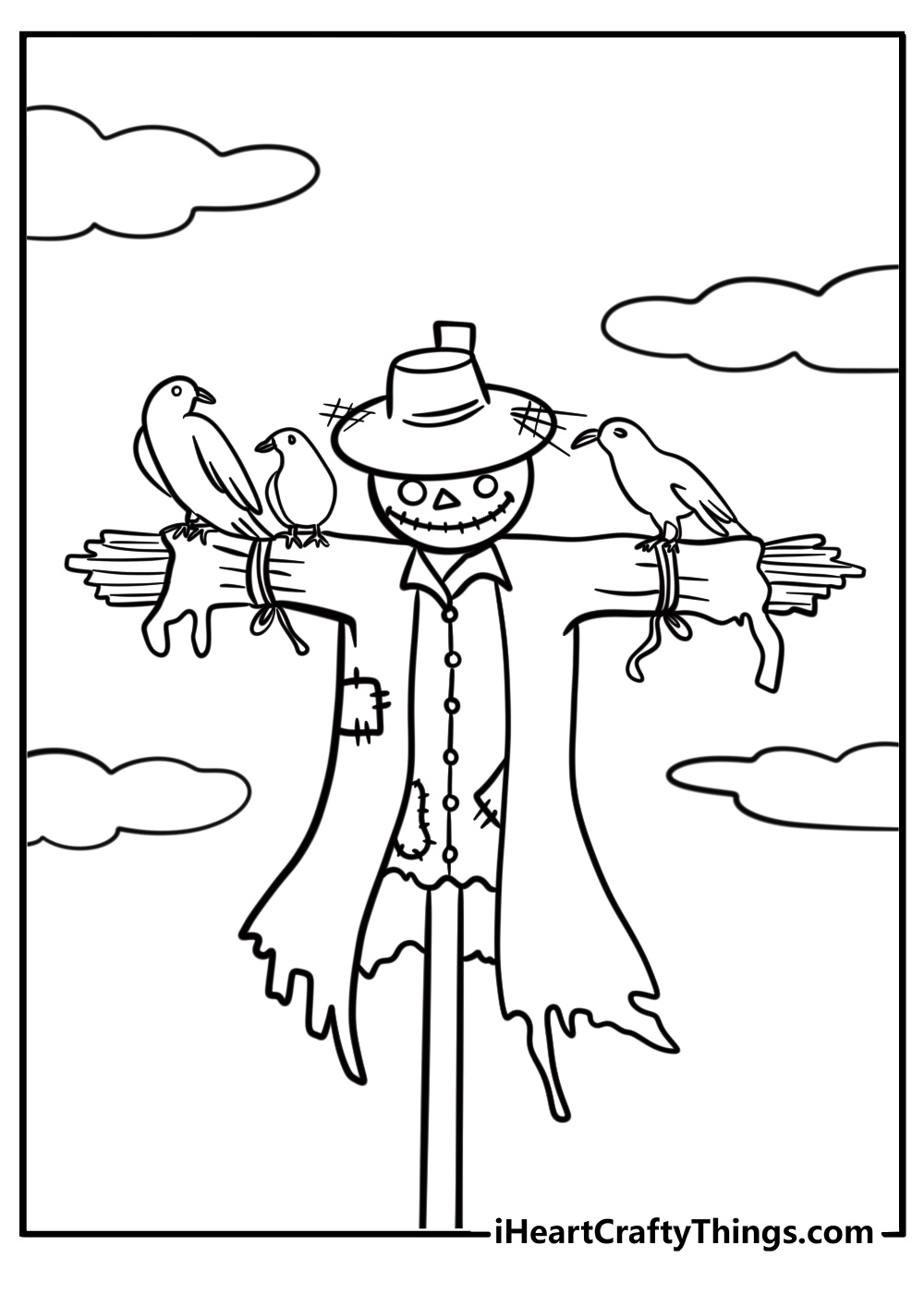 Scarecrow with crows on its arms coloring page