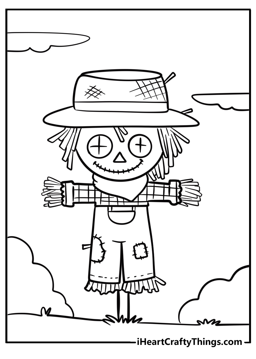 Scarecrow with hay sticking out free printable coloring page