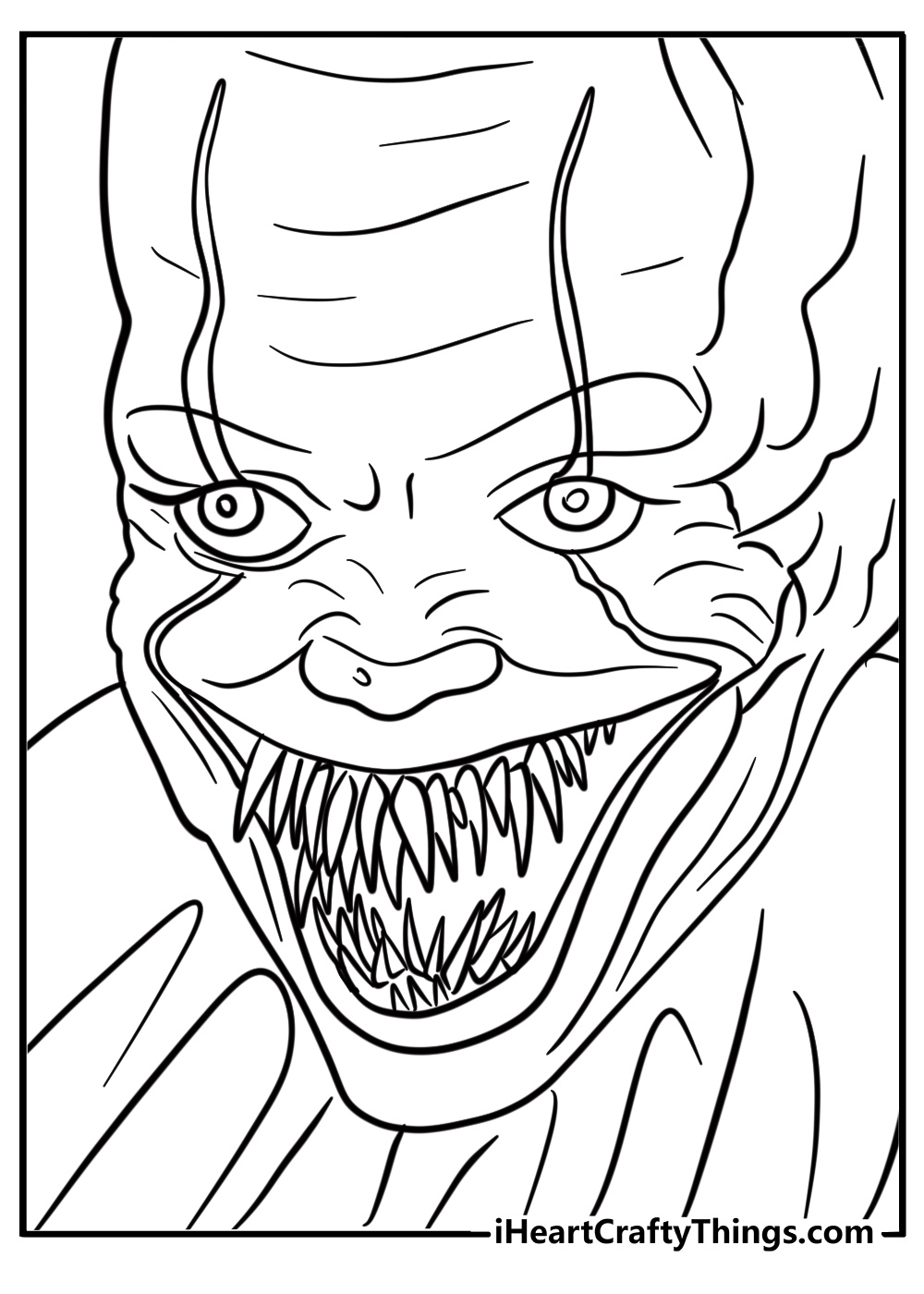 Scary pennywise face with sharp teeth fun coloring sheet