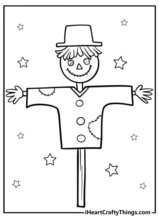 Simple scarecrow with a hat and overalls coloring sheet