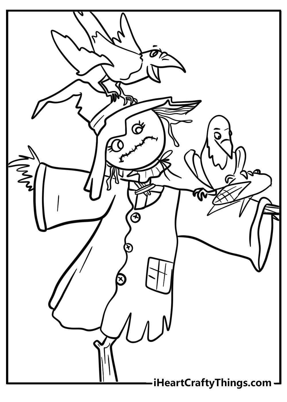 Simple scarecrow with hay and a patchy shirt coloring page