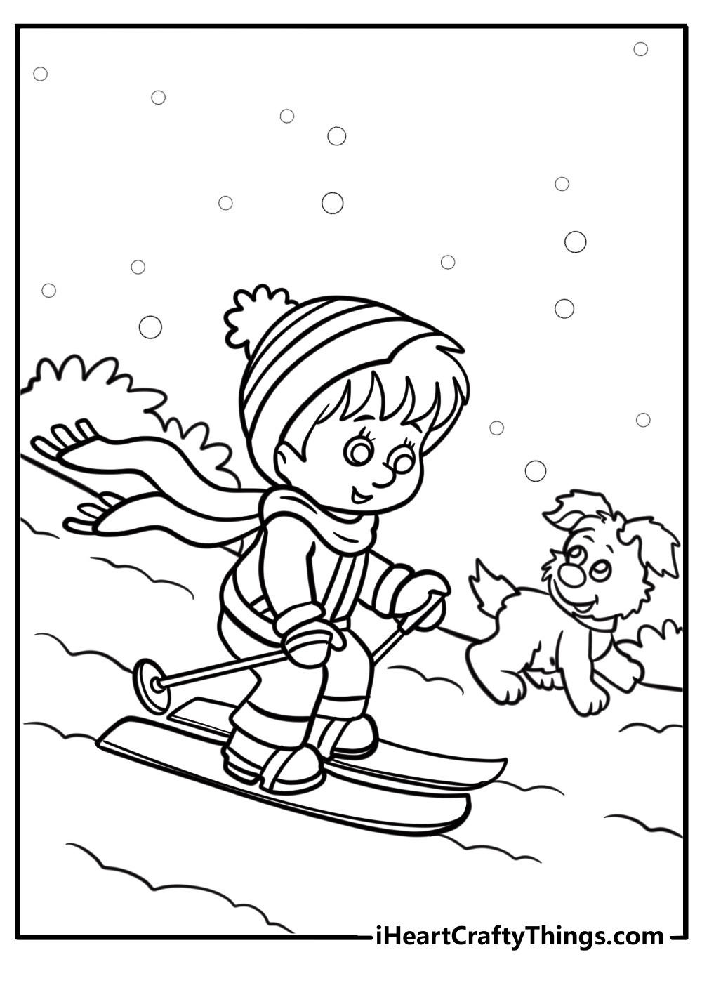 Skiing down a snowy mountain free winter coloring page