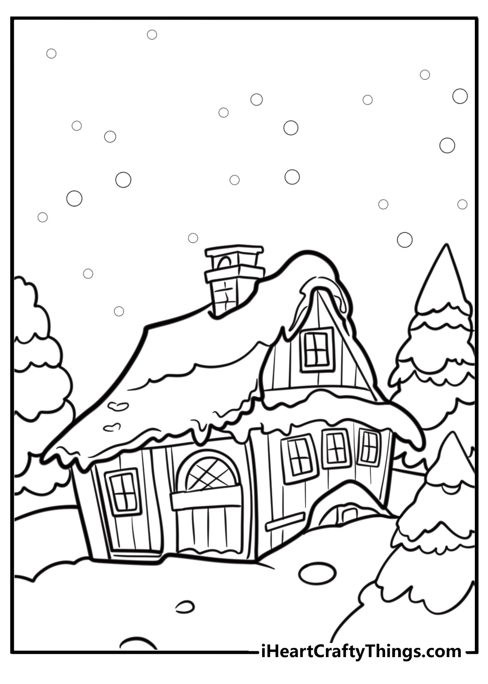 Snow covered house in a village detailed coloring sheet