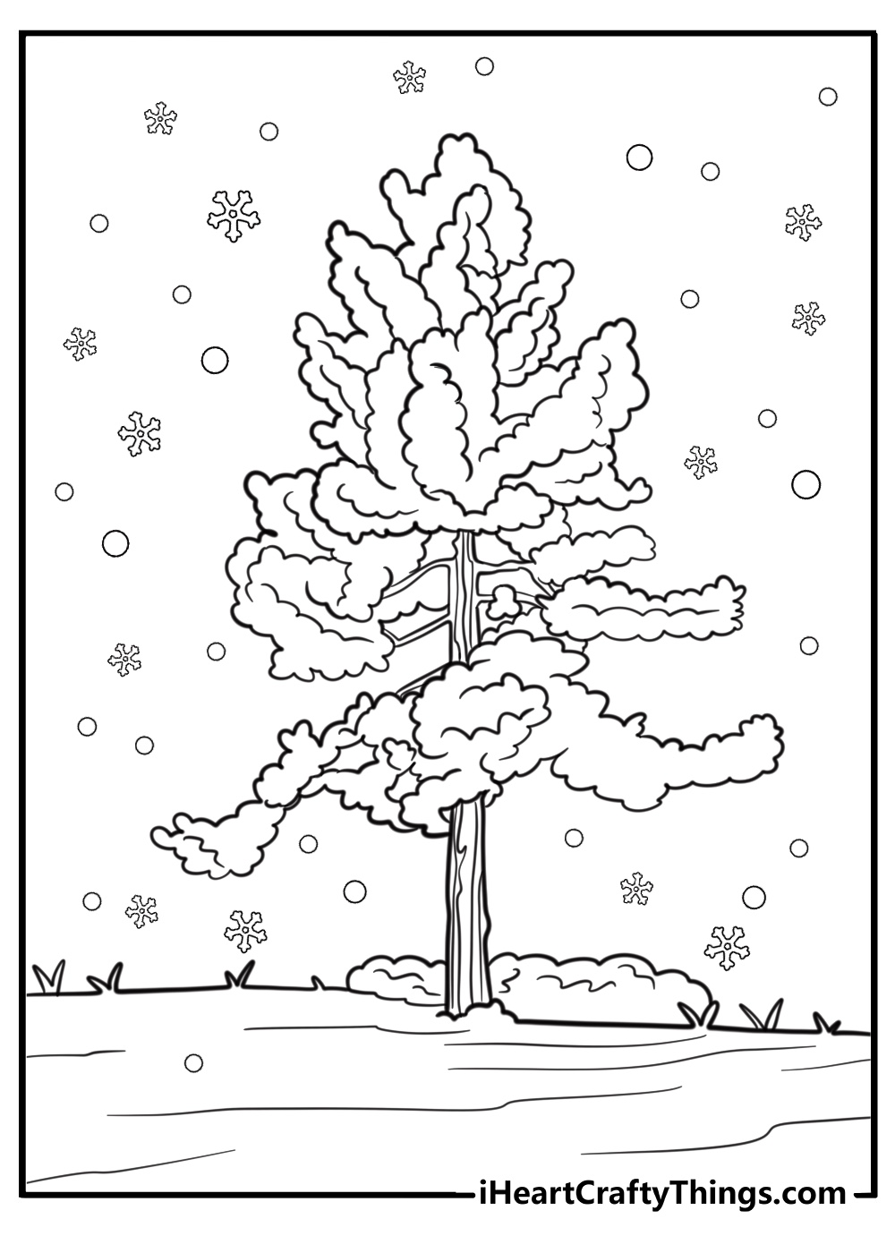 Snow covered tree with falling snowflakes coloring page