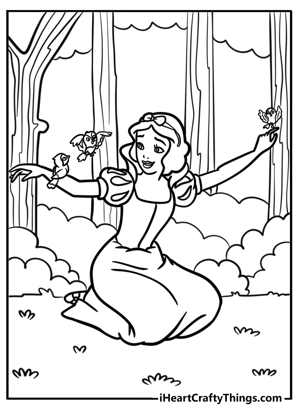 Snow white with a bird in the forest coloring page