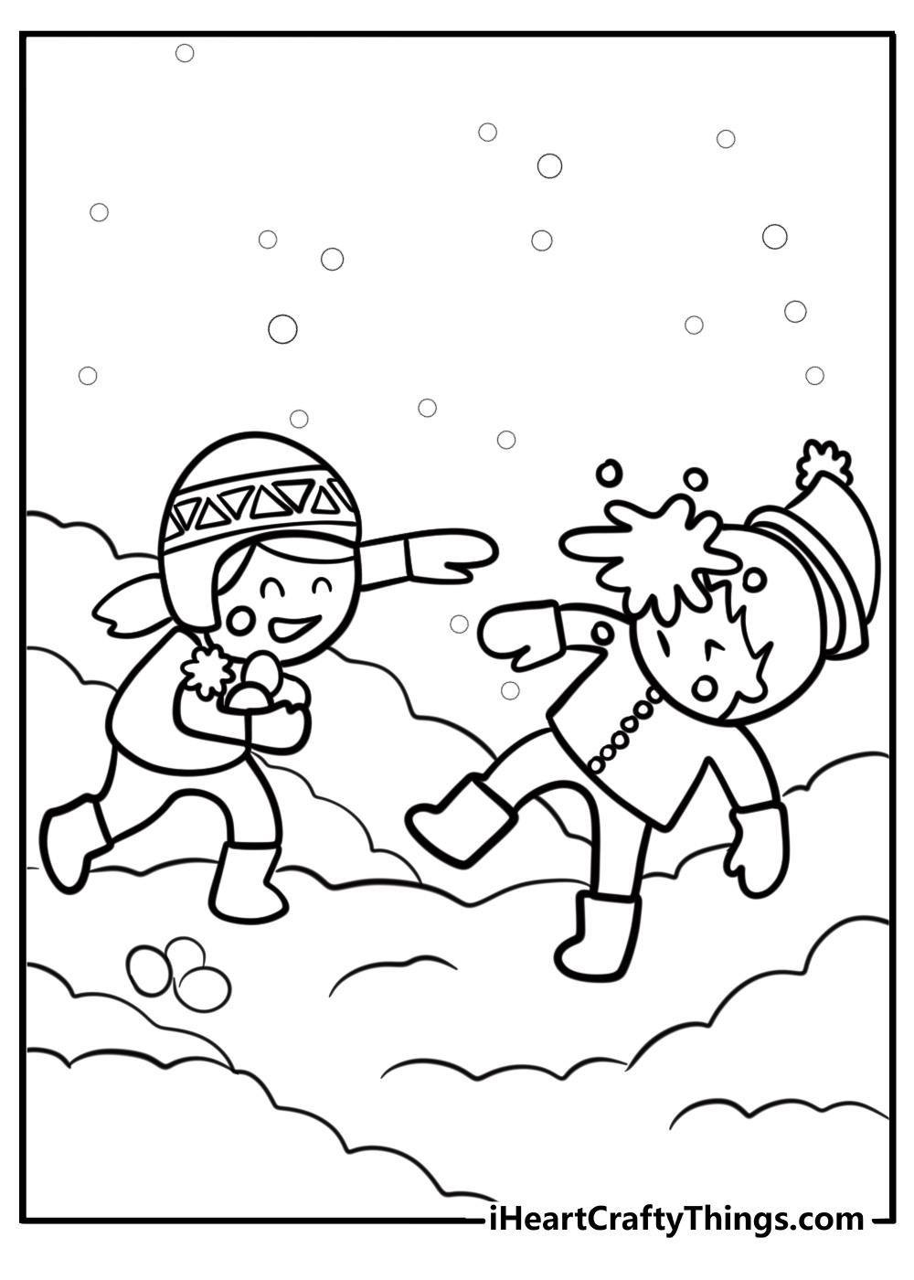 Snowball fight with kids having fun coloring sheet