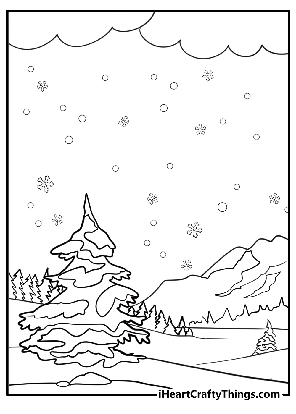 Snowflakes falling from the sky free winter coloring page