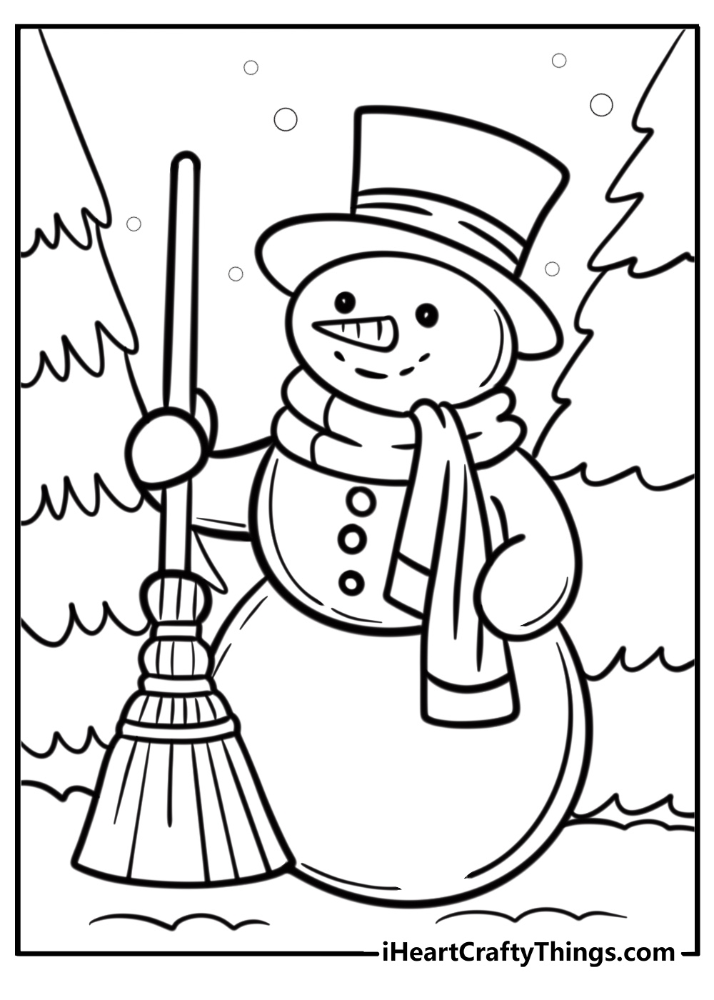 Snowman holding a broom coloring page for kids