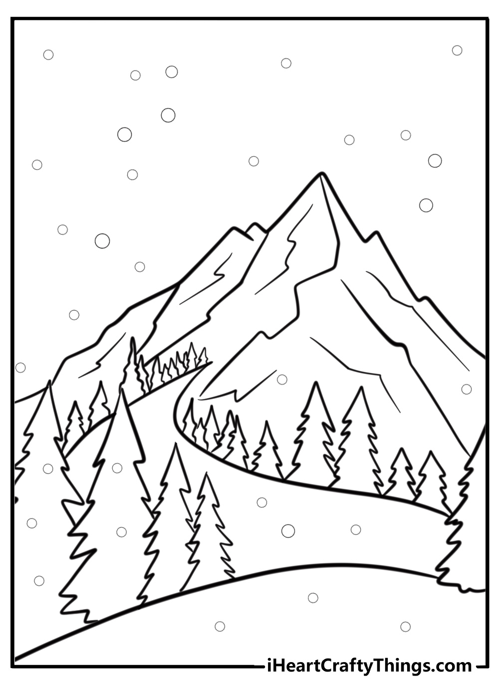 Snowy mountain scene with pine trees coloring sheet