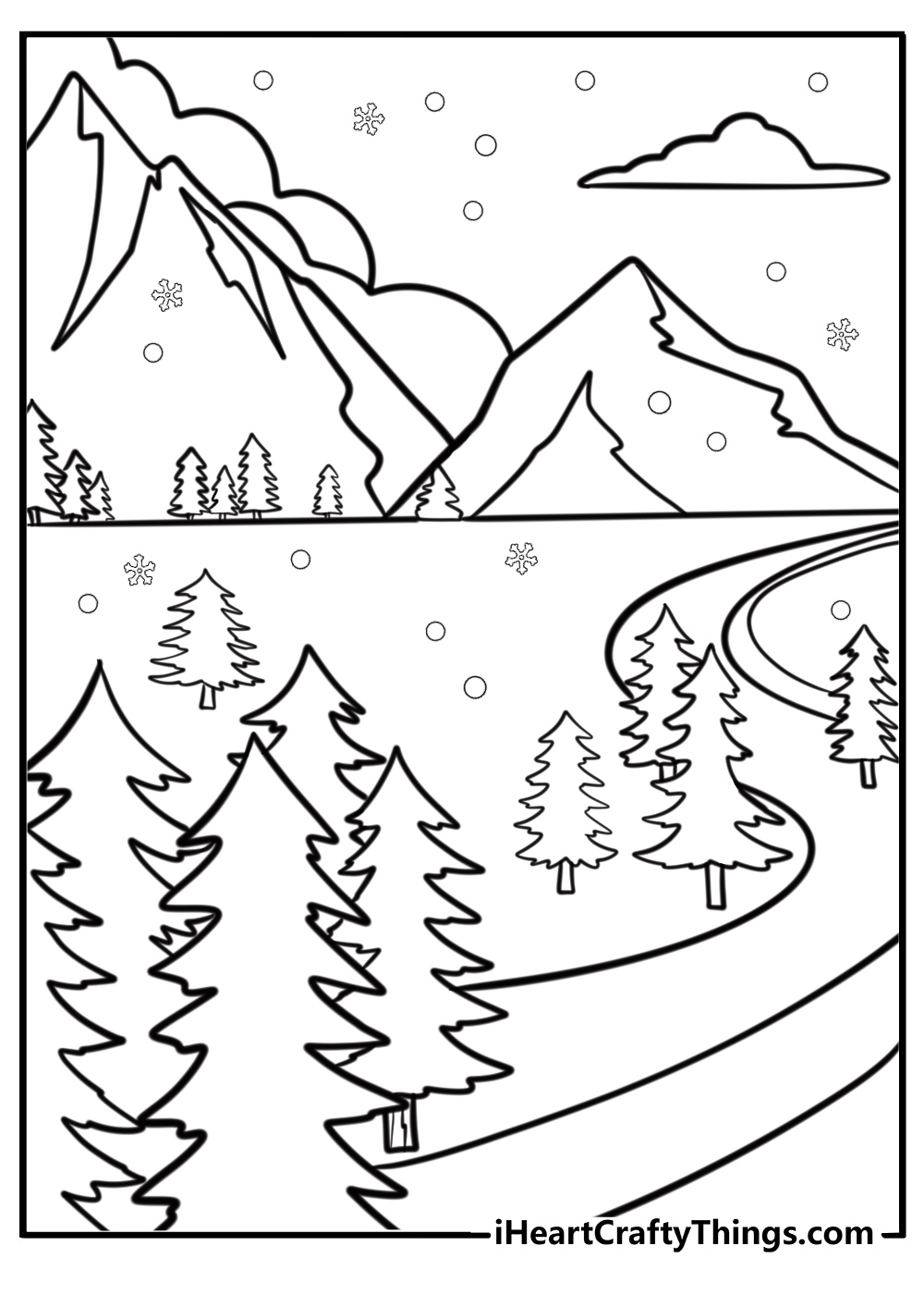 Snowy trail through a pine forest free winter coloring page