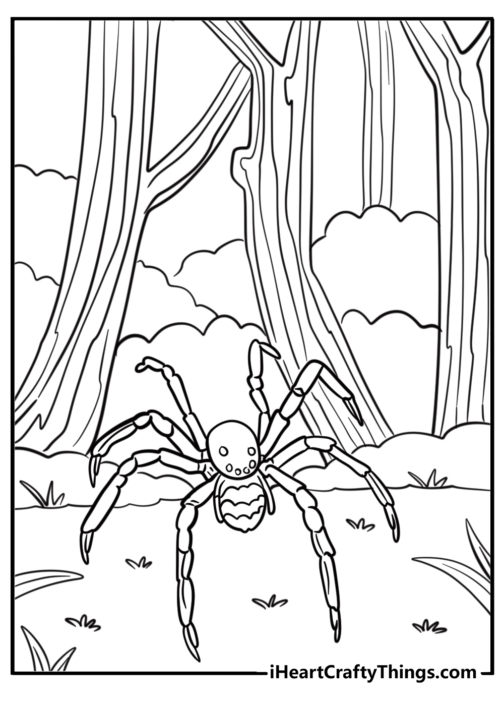 Spider in a dark forest free printable coloring page