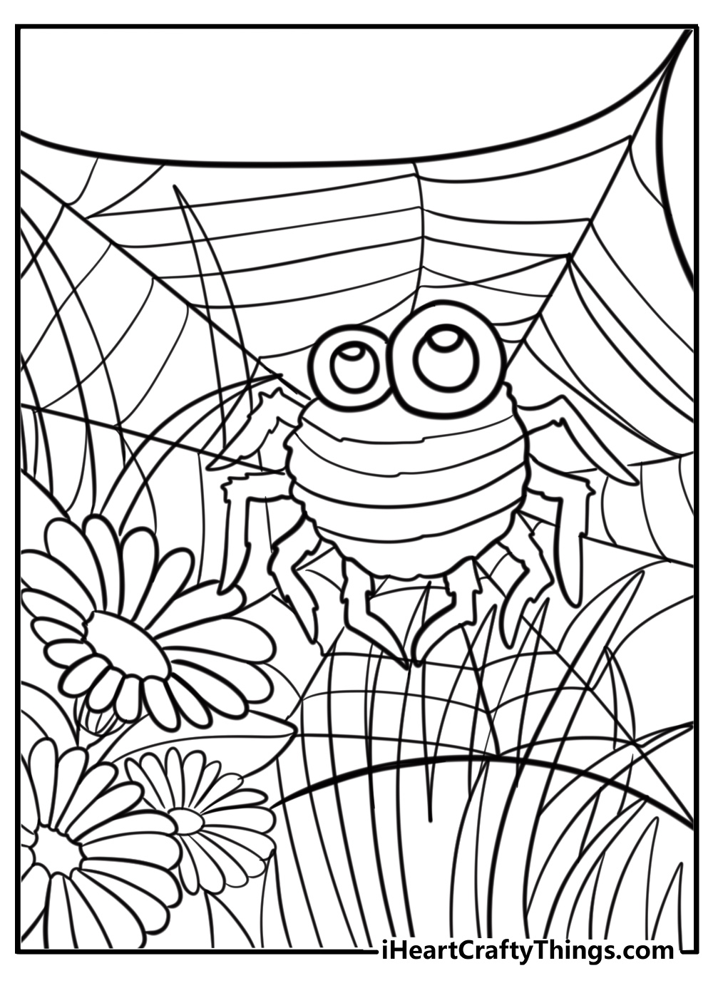 Spider weaving a web in the garden detailed coloring sheet