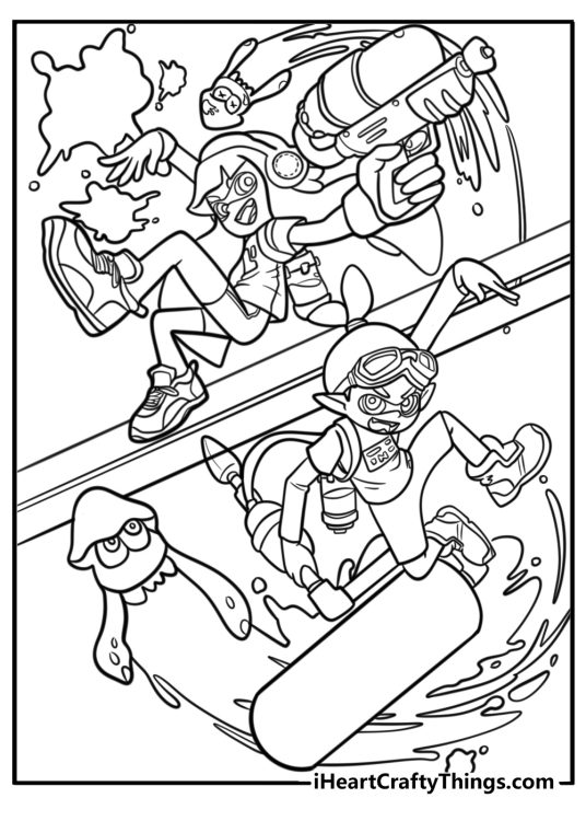 Splatoon characters in action free coloring page pdf