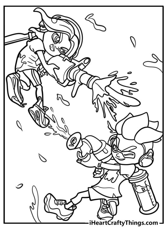 Splatoon characters in battle fun printable coloring sheet