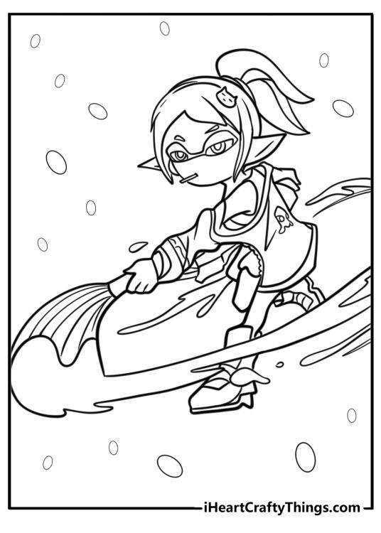 Splatoon octoling with ink brush detailed coloring sheet