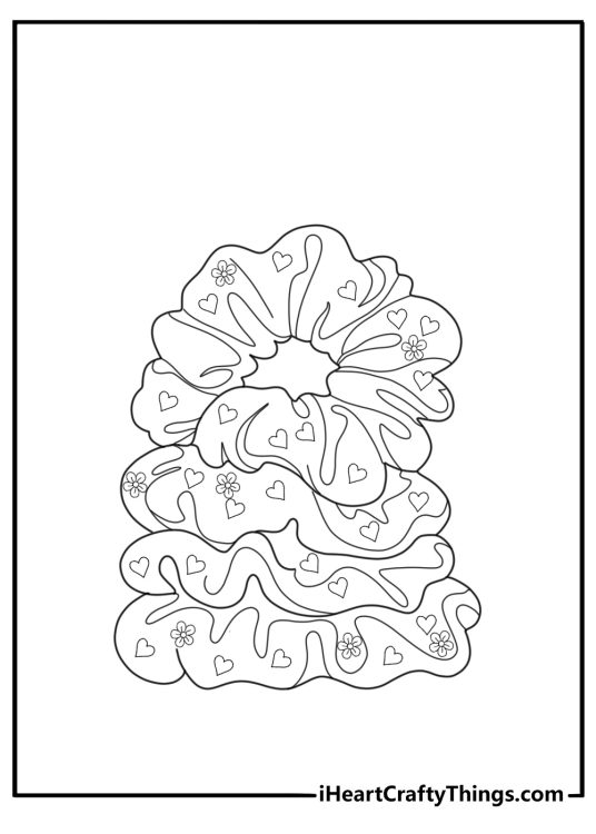 stack of scrunchies with hearts and flowers preppy coloring page for kids easy printable