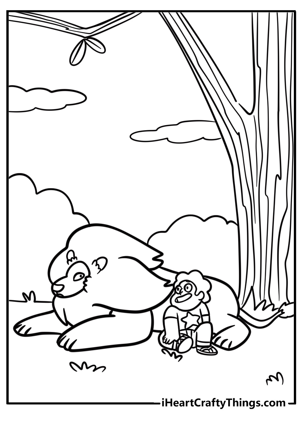 Steven universe and lion relaxing under a tree coloring page