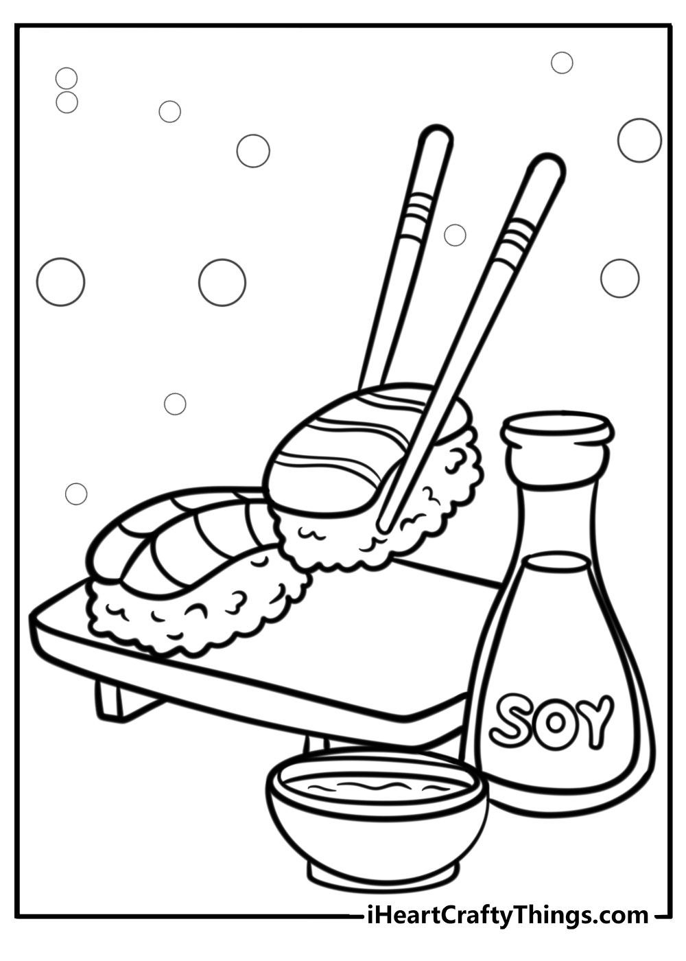 Sushi and soy sauce bottle free printable coloring page