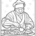 Sushi chef preparing rolls free coloring page pdf