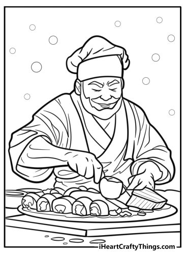 Sushi chef preparing rolls free coloring page pdf