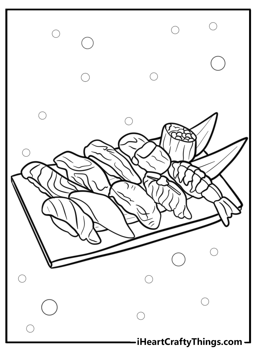 Sushi platter with different types of fish free printable coloring page