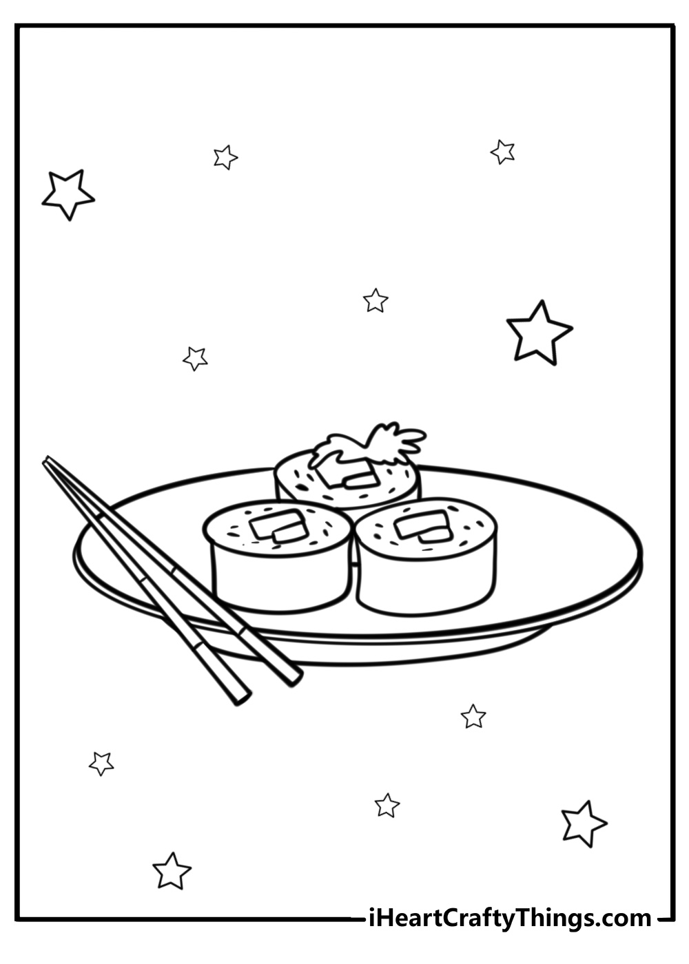 Sushi roll with chopsticks on a plate fun coloring sheet