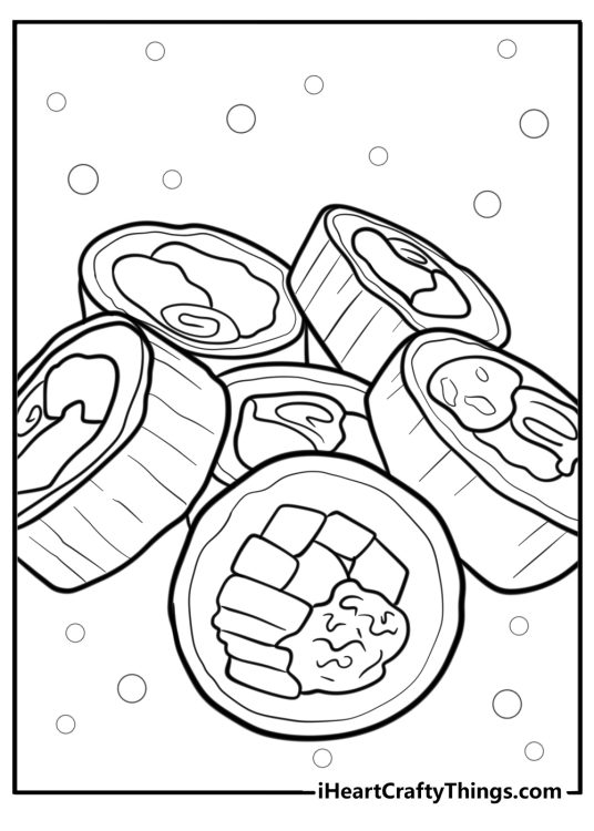 Sushi roll with cucumber filling printable coloring page