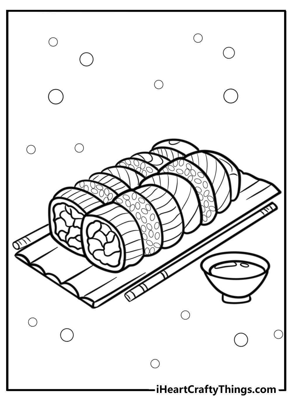 Sushi with decorations and chopsticks printable coloring sheet