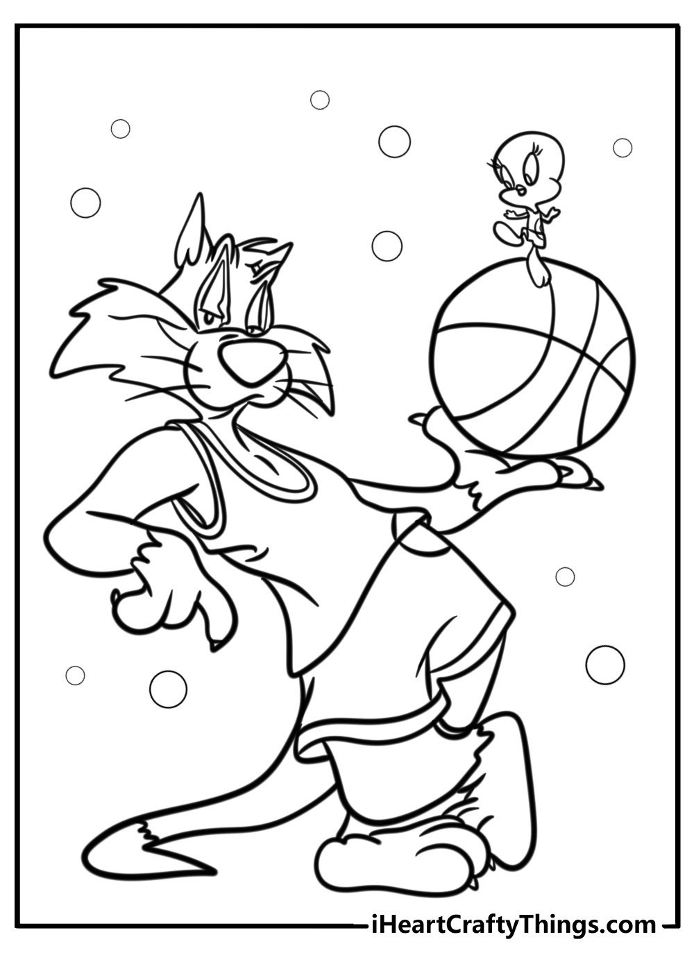 Sylvester the cat trying to catch the basketball fun coloring sheet