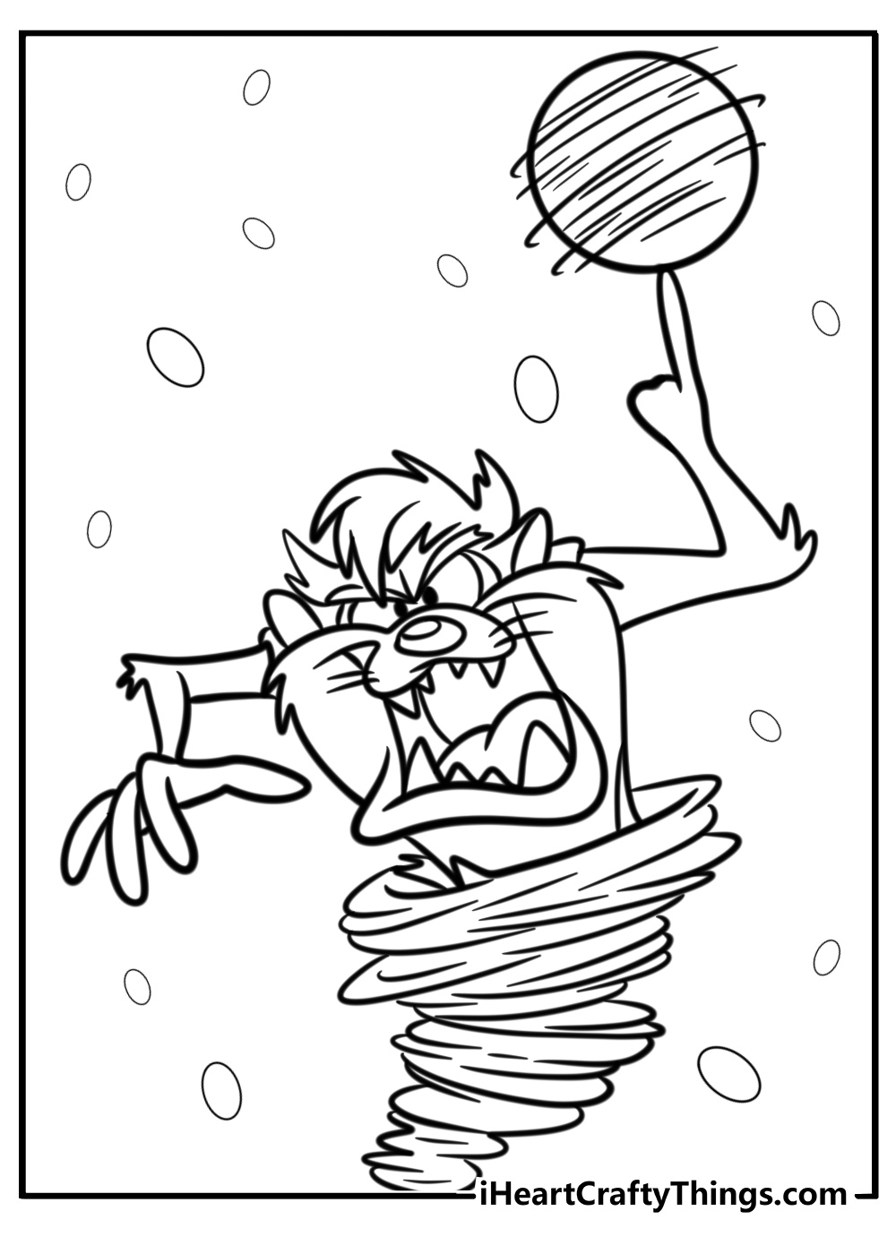 Tasmanian devil spinning with a ball detailed coloring sheet