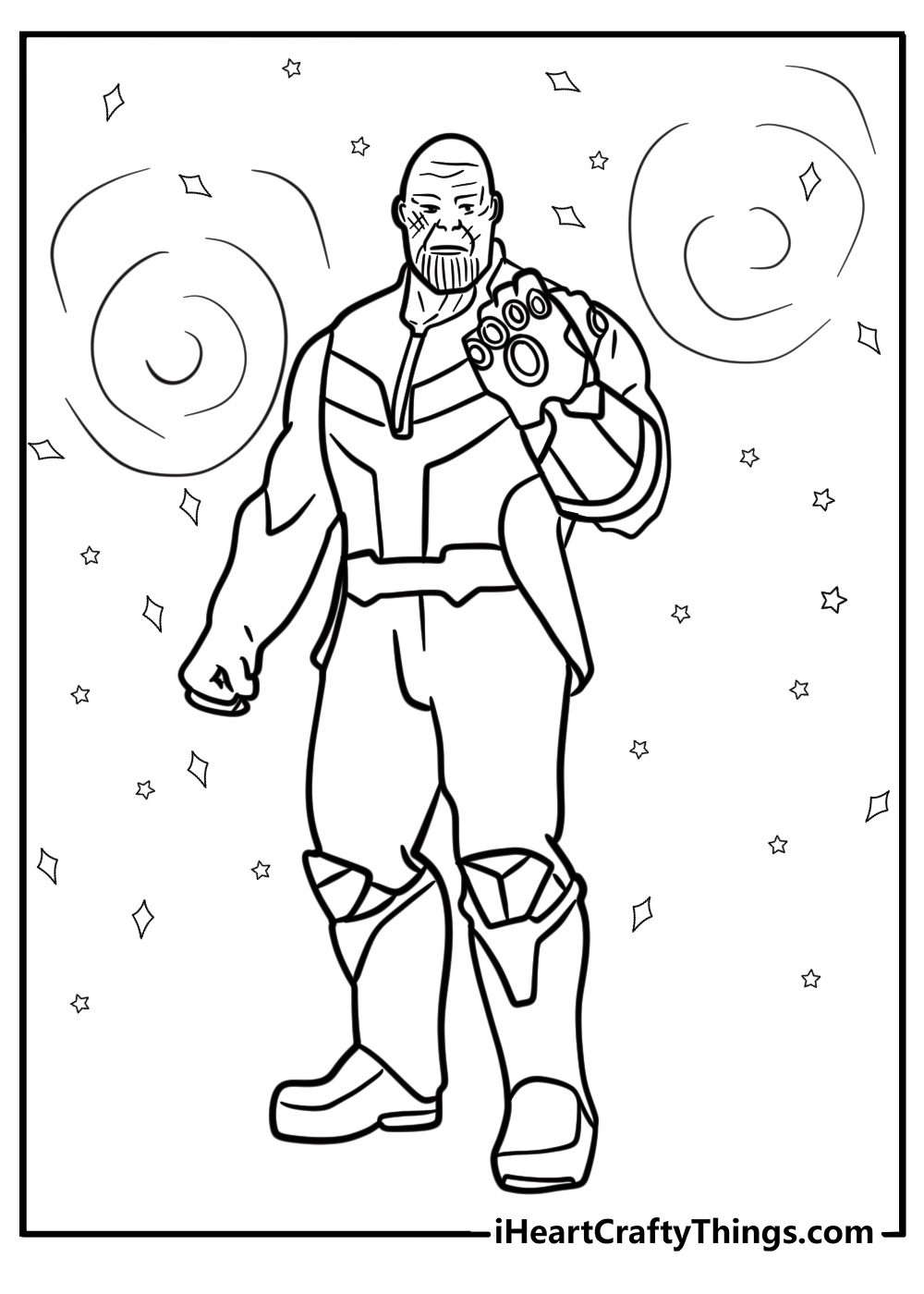 Thanos standing in a cosmic background fun coloring sheet