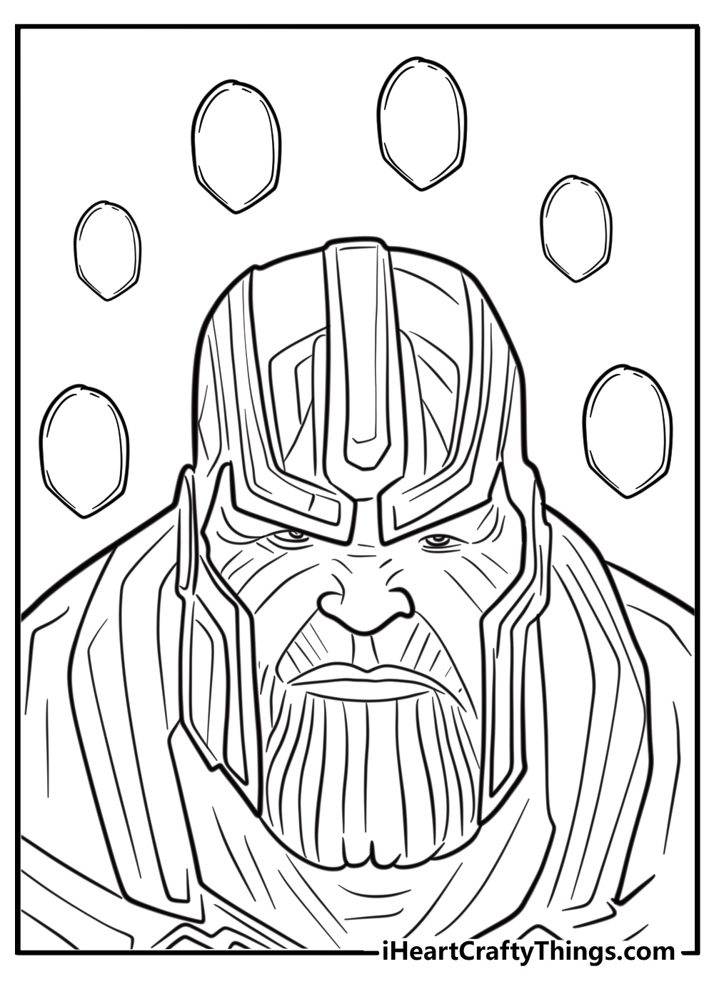 Thanos surrounded by the infinity stones printable coloring page