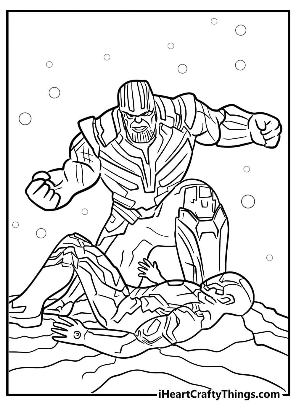 Thanos towering over the avengers free printable coloring page