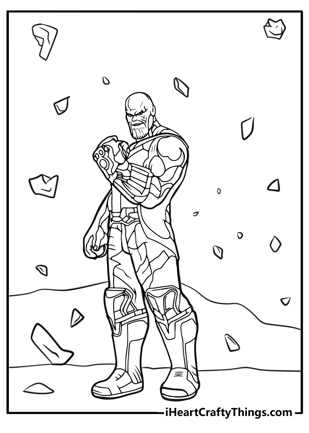 Thanos with a dramatic background detailed coloring sheet