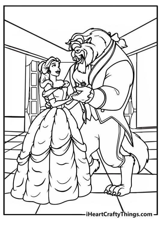 The beast with belle in the castle coloring sheet