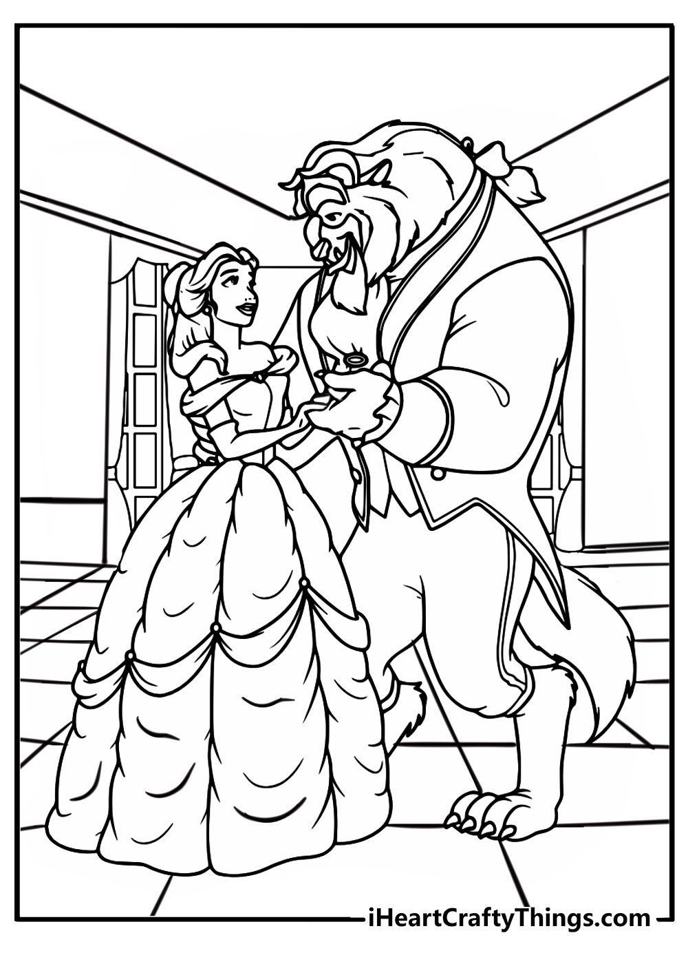 The beast with belle in the castle coloring sheet