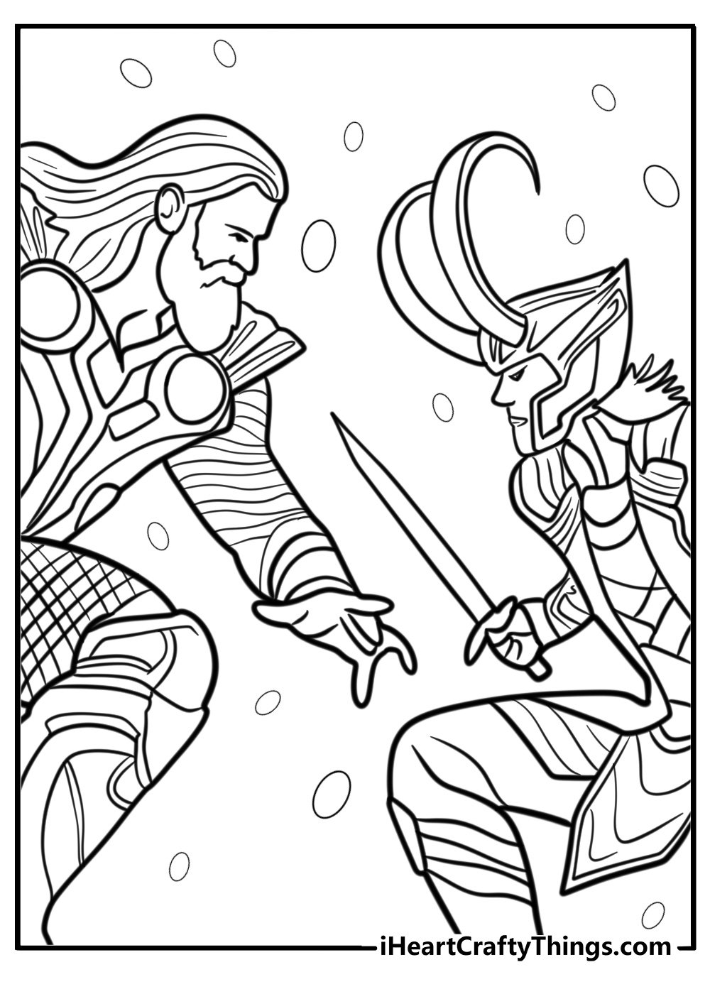 Thor and Loki facing off coloring page