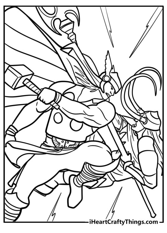 Thor fighting enemies fun coloring sheet for kids