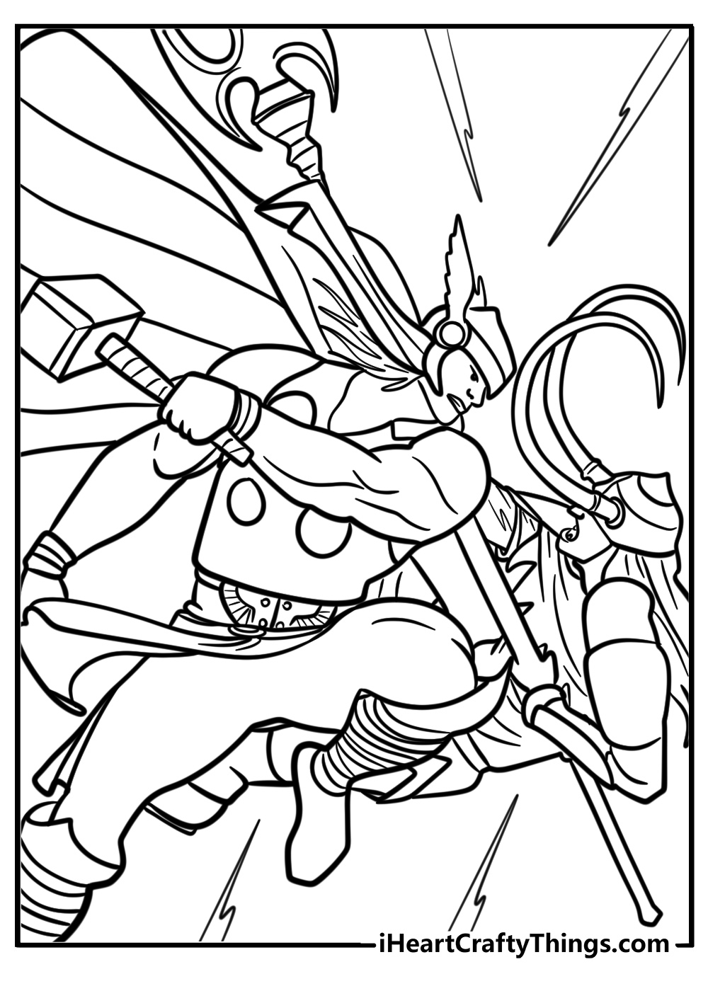 Thor fighting enemies fun coloring sheet for kids