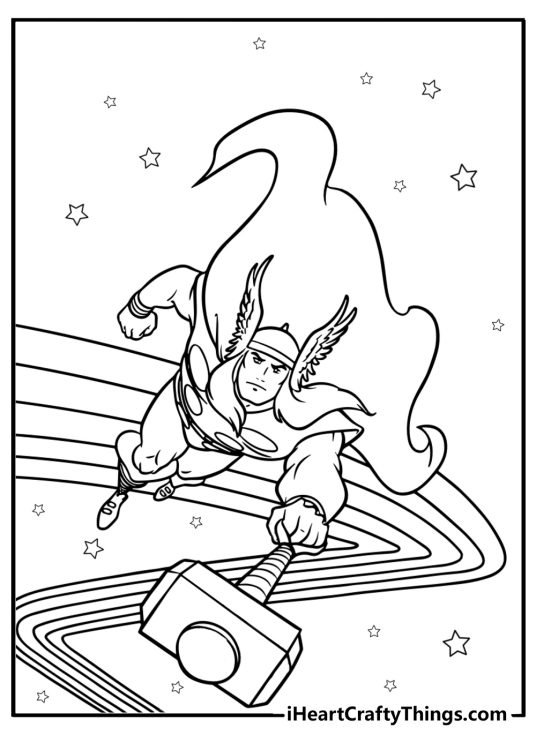 Thor flying with his hammer fun printable coloring sheet