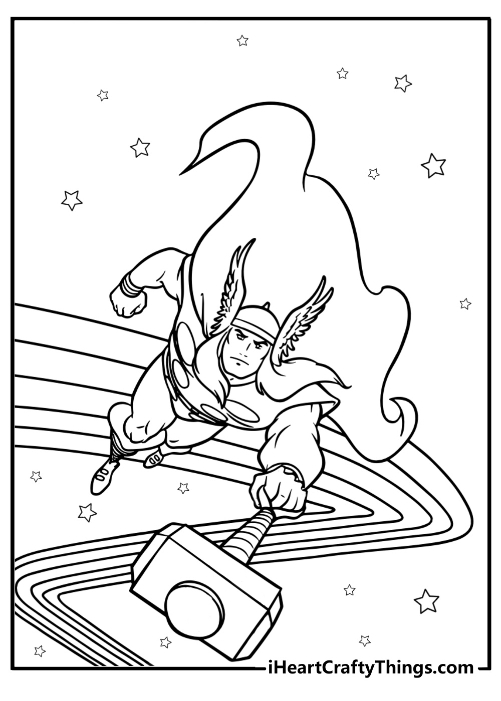 Thor flying with his hammer fun printable coloring sheet