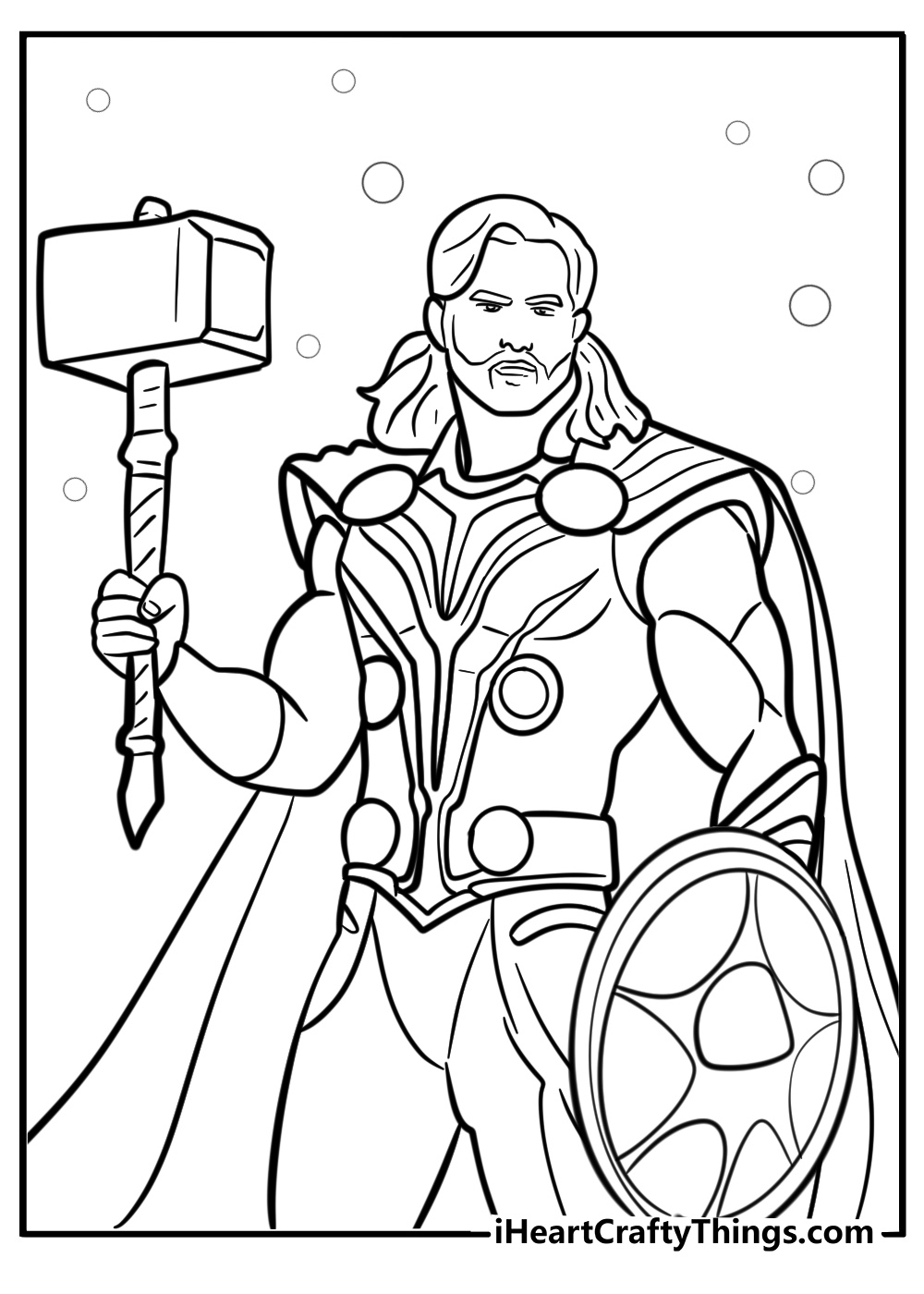 Thor holding his shield and hammer printable coloring page