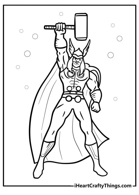 Thor raising his hammer to the sky detailed coloring sheet
