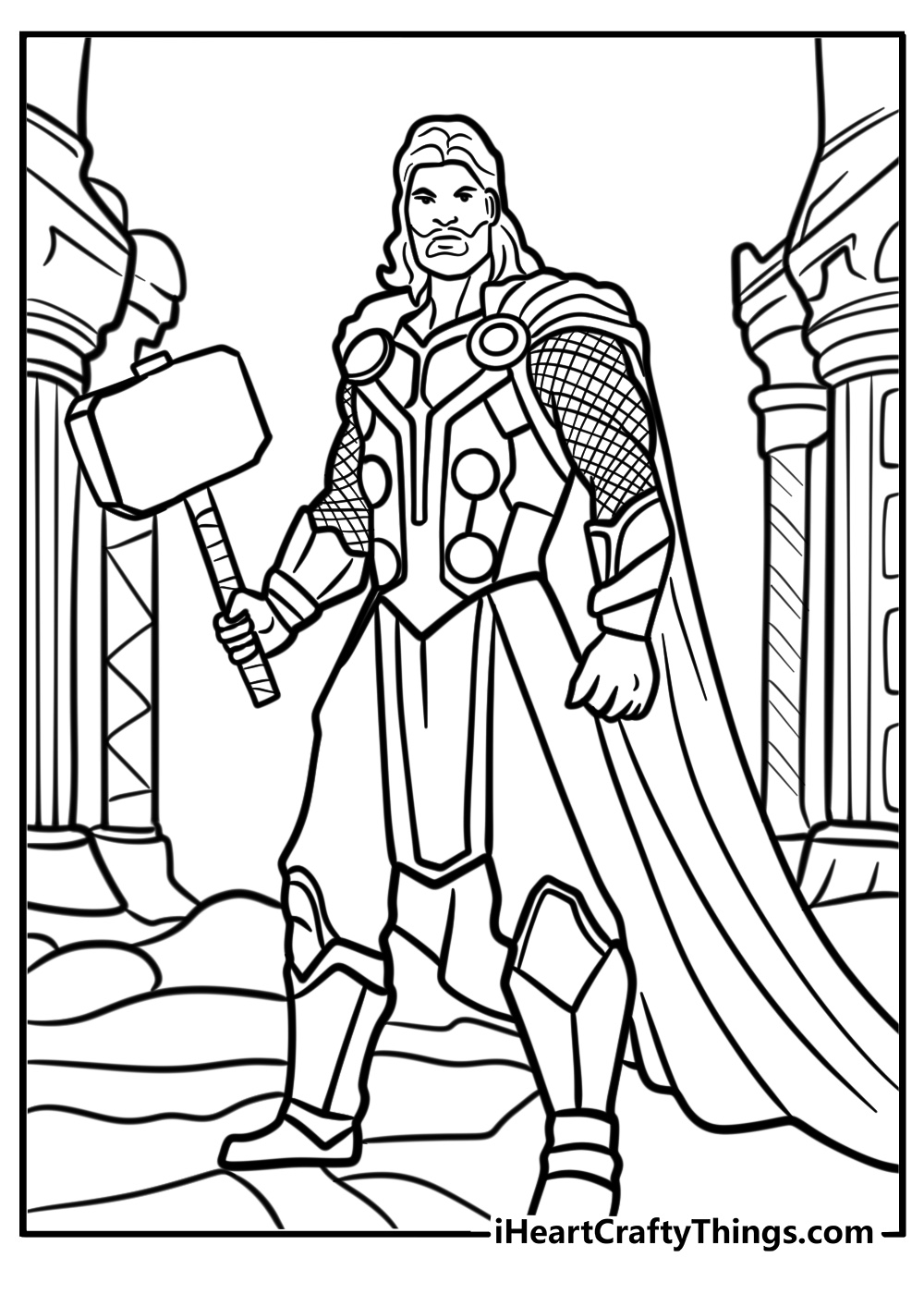 Thor standing in asgard coloring page for kids