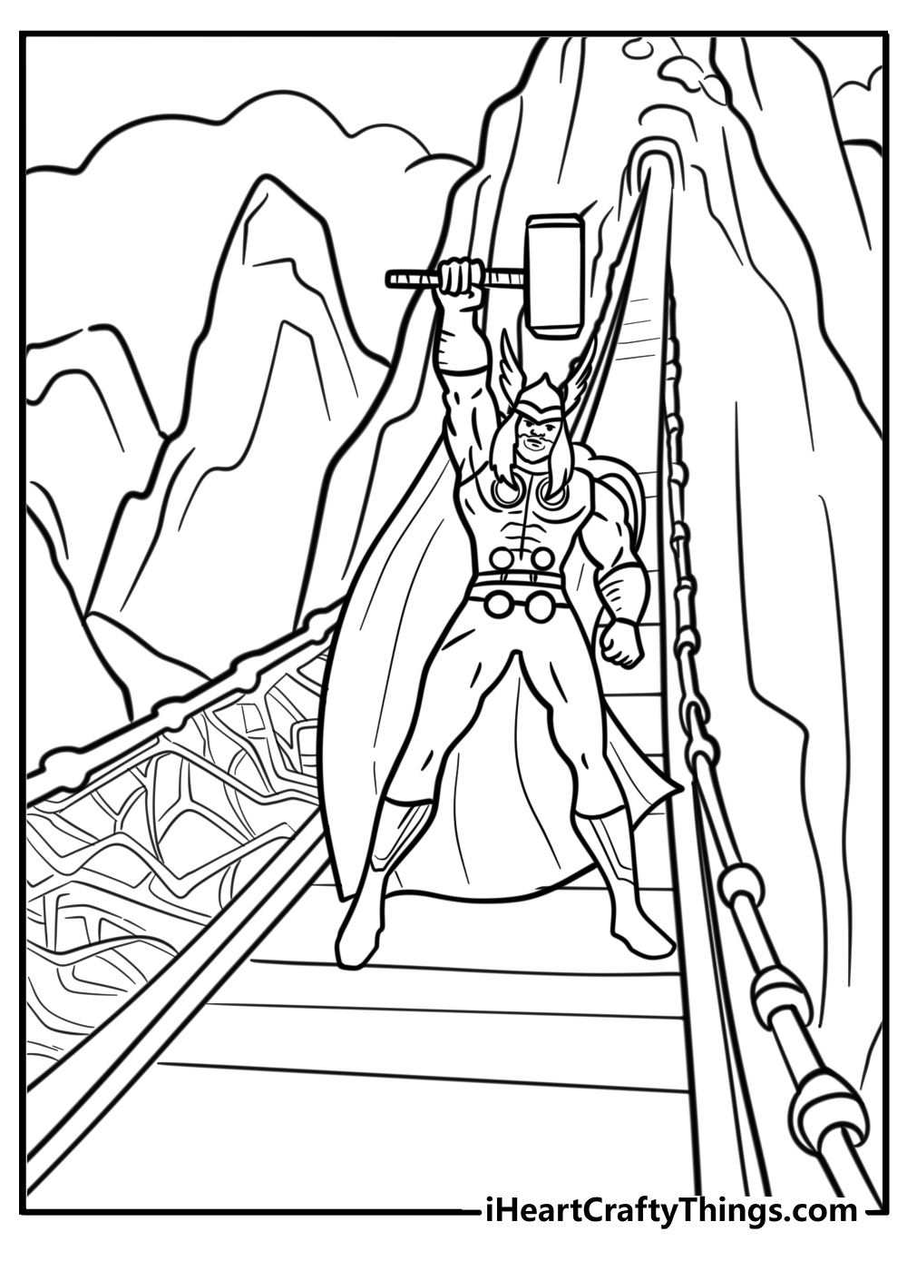 Thor standing on the rainbow bridge detailed coloring sheet