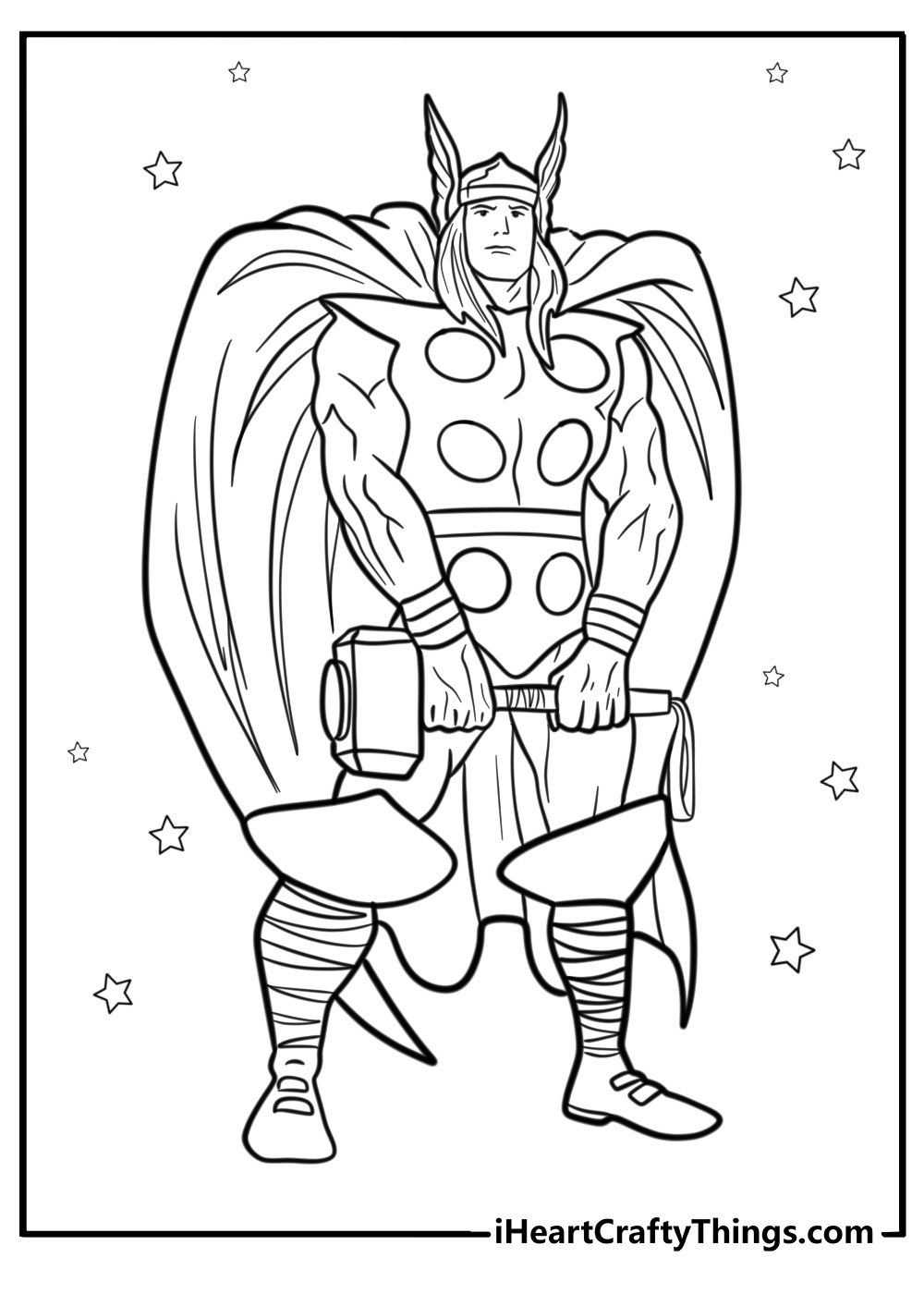 Thor standing tall in his asgardian armor detailed coloring sheet