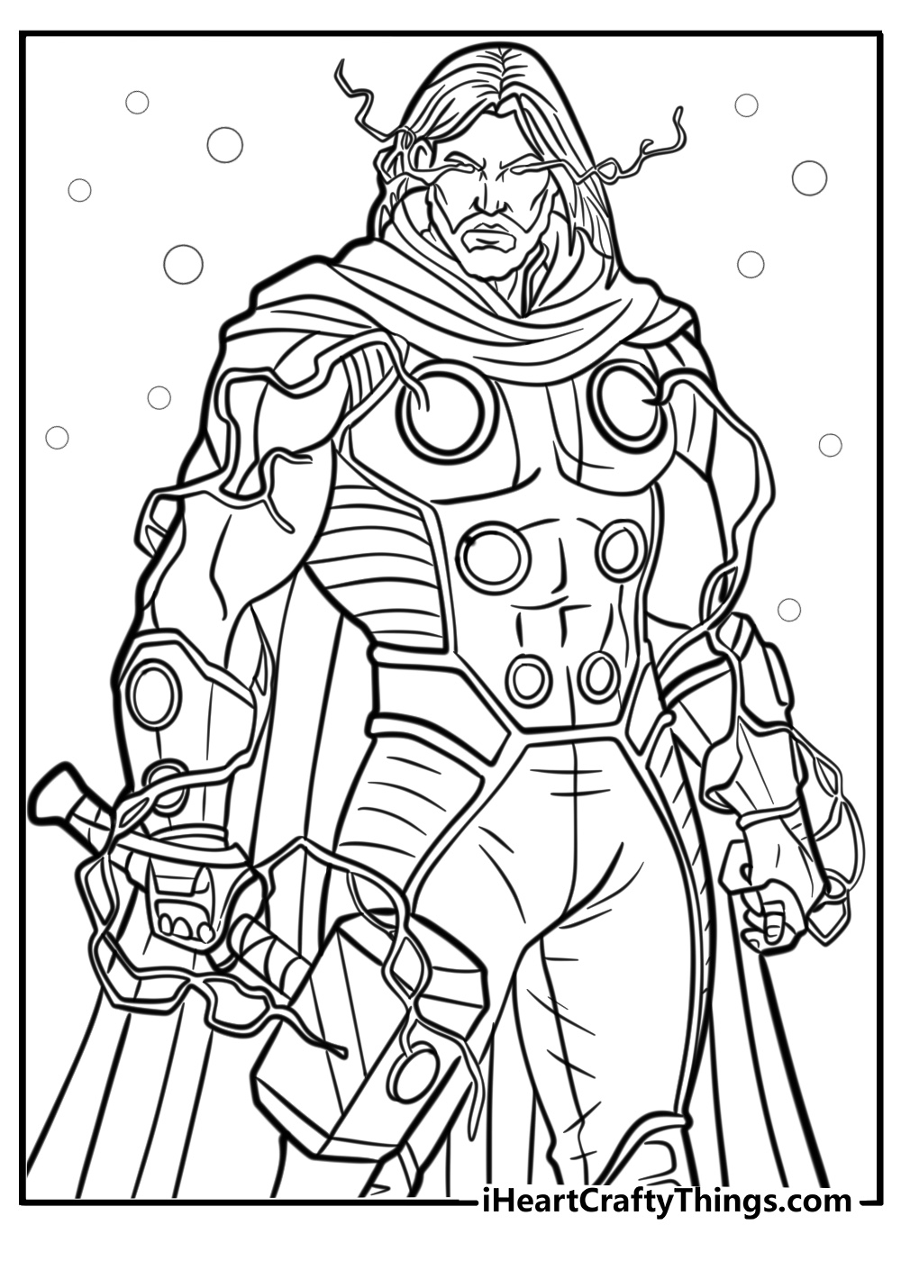 Thor with his armor and hammer free printable coloring page